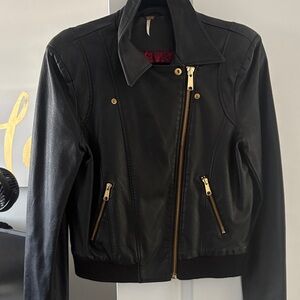 Free People Black Leather Jacket with Gold Accents